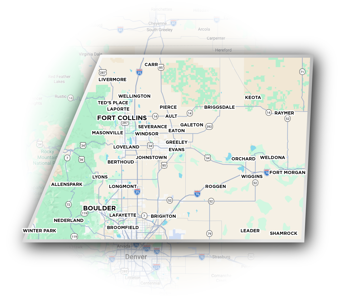 Service area map covering Northern Colorado from Fort Collins to Boulder